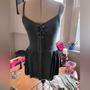 Dark Teal And Black Lace-Up Peplum DIY Top